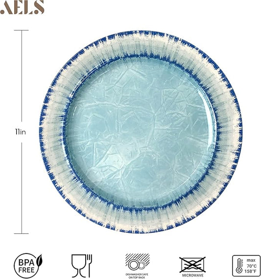 AELS Melamine Salad Plates Set of 6, 11 inch Serving Dishes for Indoor and Outdoor Use, Dishwasher Safe, Lightweight Unbreakable, BPA Free, Light Blue