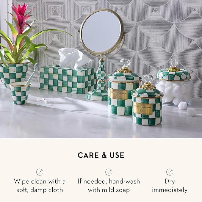 MACKENZIE-CHILDS Demi Enamel Canister, Kitchen Storage Container with Lid, Green-and-White Emerald Check