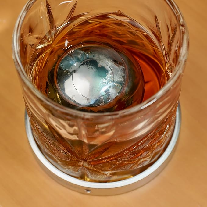 Crystocraft Whiskey Glass with Rotating Aluminum Coaster and 316 Stainless Steel Ice Ball, Spinning Cocktail Glass with Reusable Chilling Stone for Bars, Restaurants, Party, Home