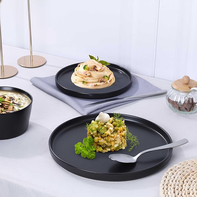Herogo 18 Pieces Stoneware Dinnerware Sets for 6, Dinner Plates and Bowls Set, Reactive Glaze Dishes for Kitchen, Chip Resistant, Microwave & Dishwasher Safe, Matte Black