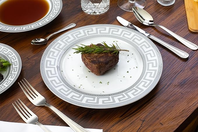 Porcelain Dinnerware Set for 1 - White and Silver Luxurious 4 Piece Greek Key Design - Elegant Dinner Plates with Mugs - Dining Kitchenware for Home, Formal Occasions and Everyday Dishes