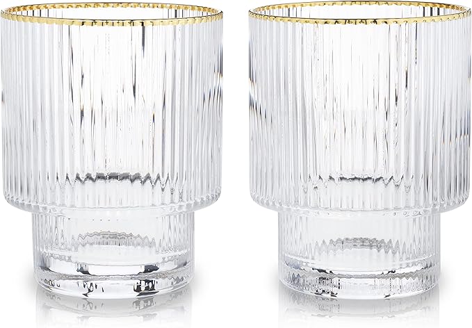 Viski Meridian Lowball Glasses Set of 2 - Premium Crystal Clear Vintage Drinking Tumblers for Whiskey, Scotch & Bourbon in Art Deco Ripple Glassware Design, Gold Rimmed Glassware Gift Set, 12 oz