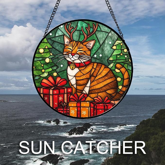 Stained Glass Window Hanging Orange Cat Elk Antler 6.3" - Suncatcher Door Garden Kitchen Sun Catcher Home Decor Birthday Gifts for Lost Pets Mom Men Woman Friend Grandma
