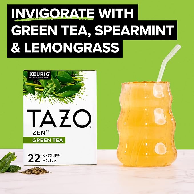 TAZO Organic Zen Green Tea K-Cups, Caffeine Free Tea with Refreshing Lemongrass & Spearmint, 22 Pods