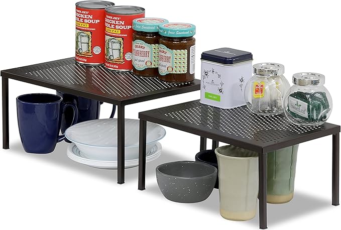 Simple Houseware Metal Top Expandable Stackable Kitchen Cabinet and Counter Shelf Organizer, Bronze