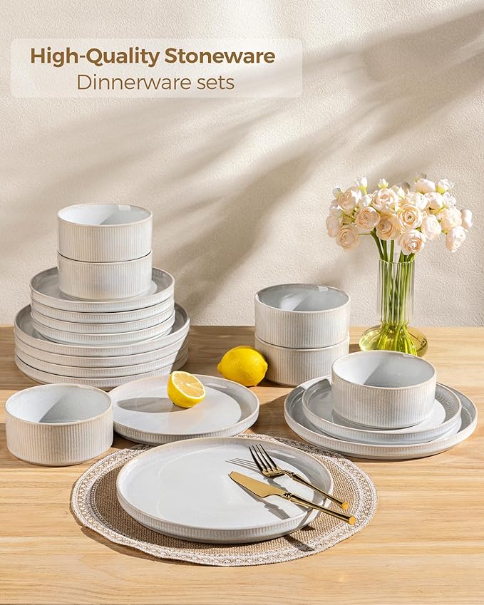 GBHOME Stoneware Dinnerware Sets for 4, Round Reactive Glaze Ceramic Plates and Bowls Set, Highly Scratch Resistant | Dishwasher & Microwave Safe ，Service for 4(12Pcs),Sugar White