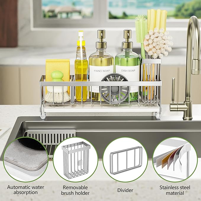 Cisily Extra Large Sink Caddy Organizer with Drying Stone, White Sponge Holder for Kitchen, Dish Brush Holder for Countertop, Kitchen Decor Storage and Essentials