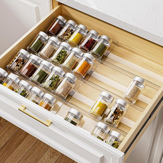 MIUKAA Acrylic Spice Drawer Organizer, 4 Tier - 8 Pack Seasoning Organizer for Drawer, Expandable From 13" to 26" Kitchen Drawer Spice Rack with Slip-Proof Mat (Jars not Included)