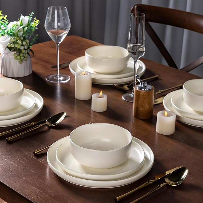 AmorArc Stoneware Dinnerware Sets, Wavy Rim Ceramic Plates and Bowls Sets, Highly Chip and Crack Resistant | Dishwasher & Microwave & Oven Safe Dishes set, Service for 4 (12pc)