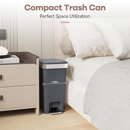 2Pack Small Bathroom Trash Can with Lid Soft Close, 10 Liter/2.6 Gallon Slim Garbage Can-Metal Step and Press top Lid, Mini Modern Waste Basket for Toilet, Office, Bedroom,Dorm,Dark Gray
