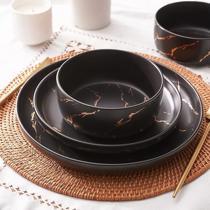 Black Gold Splash Dinnerware Sets, Marble Porcelain Plates and Bowls Sets, Modern Luxury Dish Set for 4, 12 Pieces Fine China Plates Set for Formal Dinners and Anniversaries