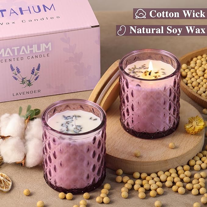 2 Pack Lavender Scented Candles for Home Decor, 6.5oz Natural Soy Wax Aromatherapy Jar Candles, Housewarming Gift for Women
