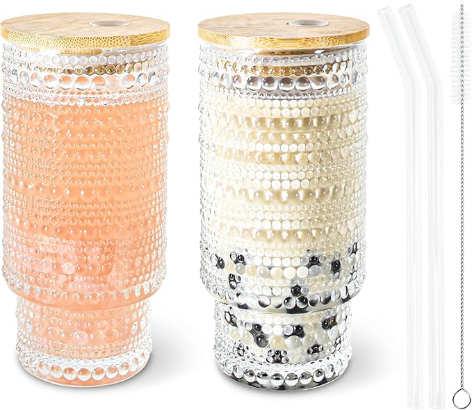 2 Pcs 16 oz Glasses Cups Set with Bamboo Lids Straws Brush Hobnail Glassware Set for Juice Iced Coffee Beer and Cocktail Whiskey(Hobnail*2)