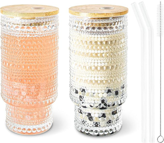 2 Pcs 16 oz Glasses Cups Set with Bamboo Lids Straws Brush Hobnail Glassware Set for Juice Iced Coffee Beer and Cocktail Whiskey(Hobnail*2)