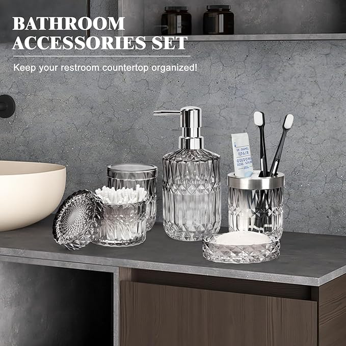 Bathroom Accessories Set, 5Pcs Bathroom Soap Dispenser Set, Glass Bathroom Accessories with Glass Soap Dispenser, Soap Dish, Toothbrush Holder, Tumbler, Cotton Swab Jar (Gradient Black & Clear)