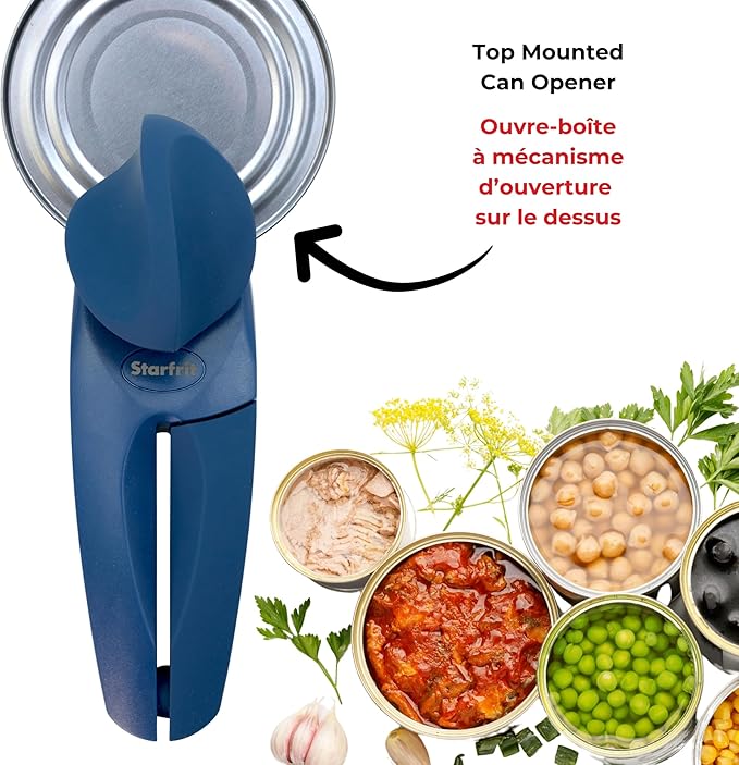 Starfrit MightiCan Can Opener - Safe - Holds Lid and Leaves No Sharp Edges on Lid - 3 Year Warranty - Comfort Grip - Heavy Duty Non-Slip Knob - Blue