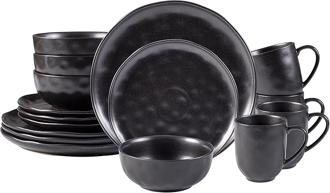 Organic Stoneware Sky Star 16pc Dinner Set Reactive Glaze, Black