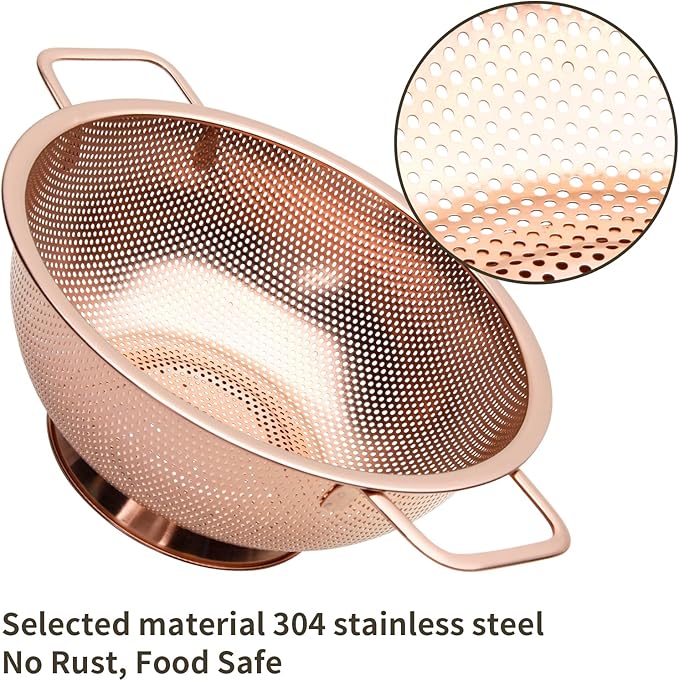 Colander 3-Quart with Handle, Food Metal Strainer for Kitchen Sink, Pasta Pot for Noodles Vegetables and Fruits, Stainless Steel, Rose Gold