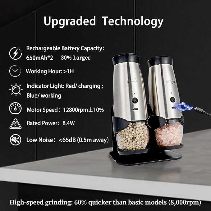 Electric Salt and Pepper Grinder Set with Safe Base, Automatic Mill by Gravity,Adjustable Coarseness with LED,Larger Rechargeable Battery,Easy filling,2 Pack Kitchen Tools
