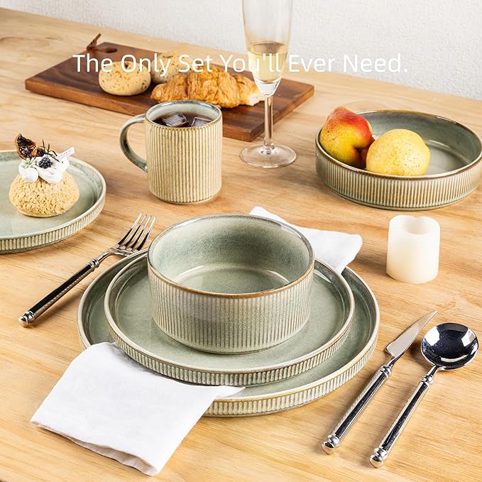 GBHOME Stoneware Dinnerware Sets for 6,Round Reactive Glaze Ceramic Plates and Bowls Set,Highly Scratch Resistant | Dishwasher & Microwave Safe Dishes Set,Service for 6(18Pcs),Desert Sage