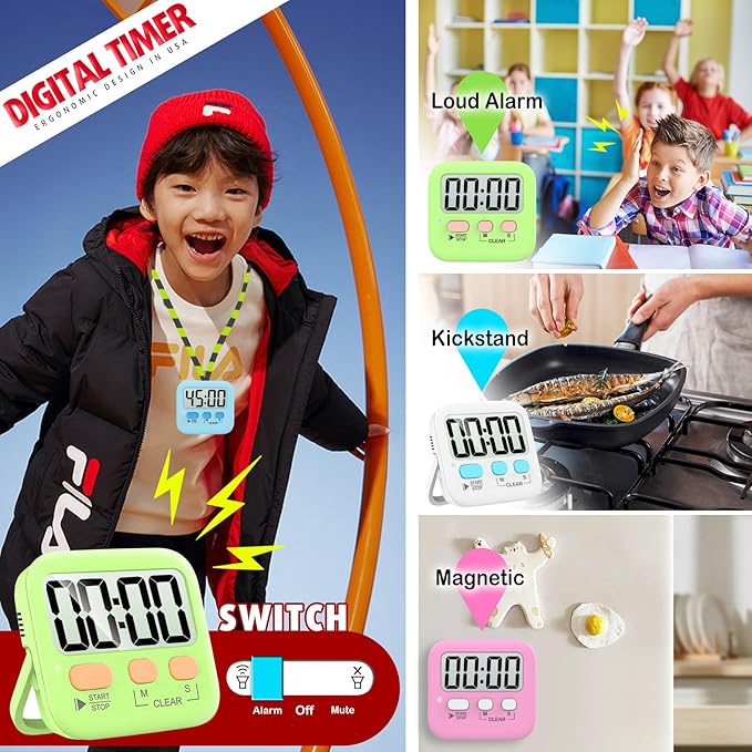 Antonki 2 Pack Digital Timer for Kids, Magnetic Countdown Kitchen Timers for Cooking, Egg, Classroom, Teacher, Exercise, Study, Oven - Battery Included