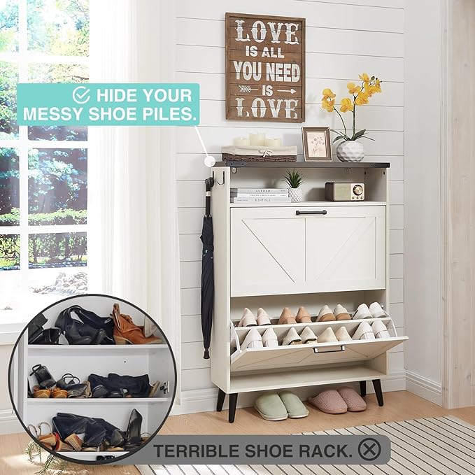 Shoe Storage Cabinet,Farmhouse Shoe Organizer with 2 Flip Drawers & Barn Door Design,Freestanding Hidden Slim Narrow Shoe Rack Cabinet with Open Storage for Entryway, Foyer,Antique White