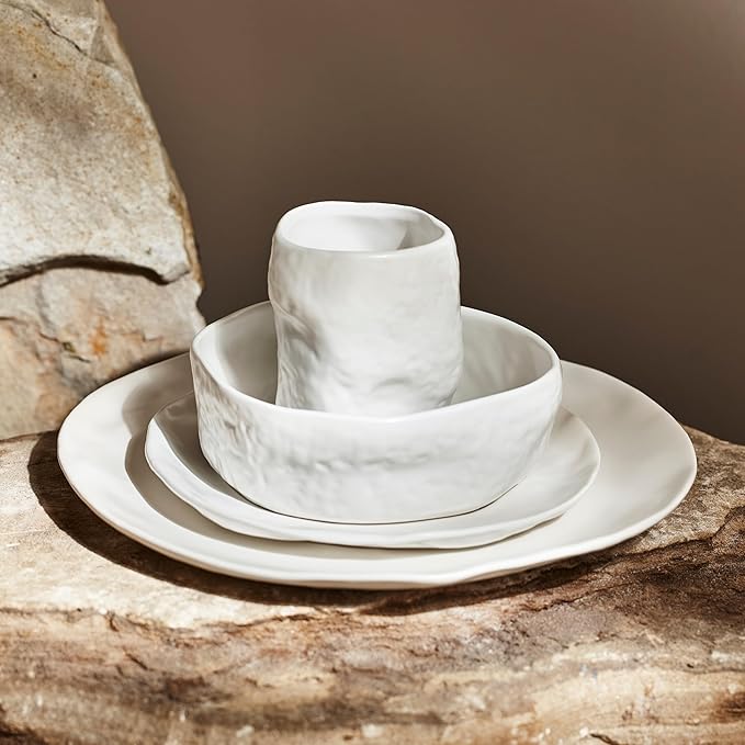 Stone by Mercer Project Atik Modern Stoneware 32-Piece Dinnerware Set, Plate and Bowl Set, Dish set for 8, White