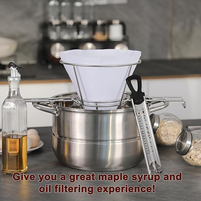Maple Syrup Cone Filter Holder Stand with Thermometer, Stainless Steel Filter Strainer with 20pcs Cone Filter Paper & Folding Arms for Maple Syrup Making and Filtration of Cooking Oil, Kitchen