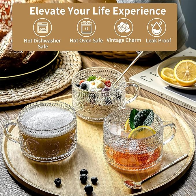 4pcs Vintage Glass Coffee Mugs Cups, Overnight Oats Containers Glass Cups Mugs with Bamboo Lids and Spoons - 14oz Clear Embossed Glass Cups, Cute Iced Coffee Glasses Gifts for women.