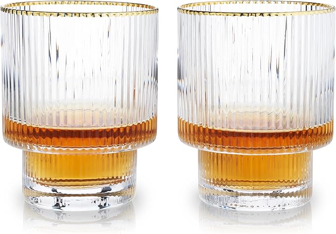Viski Meridian Lowball Glasses Set of 2 - Premium Crystal Clear Vintage Drinking Tumblers for Whiskey, Scotch & Bourbon in Art Deco Ripple Glassware Design, Gold Rimmed Glassware Gift Set, 12 oz