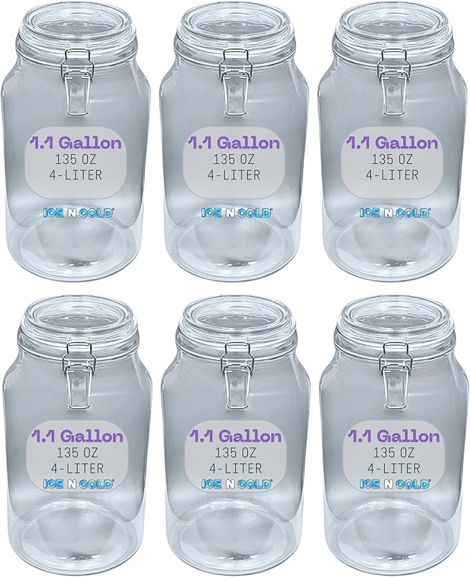 Airtight Glass Storage Jars with Clamp Lid - Food Storage Containers with Rubber Gasket Seal – Pantry & Kitchen Canisters for Dry Goods, Coffee, Sugar, Pasta -135oz | 4L | 1 GAL (6pk)