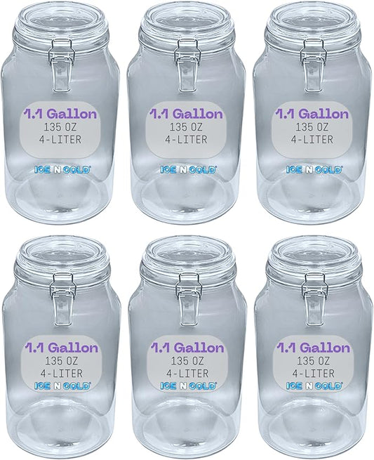 Airtight Glass Storage Jars with Clamp Lid - Food Storage Containers with Rubber Gasket Seal – Pantry & Kitchen Canisters for Dry Goods, Coffee, Sugar, Pasta -135oz | 4L | 1 GAL (6pk)