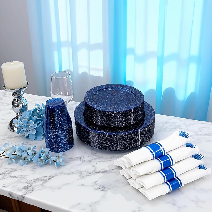 DaYammi 350 Pieces Cobalt Blue Glitter Dinnerware Set 50 Guest for Party- 50 Dinner Plates, 50 Dessert Plates -50 Per Rolled Napkins with Blue Cutlery - 50 Disposable Cups 9 OZ