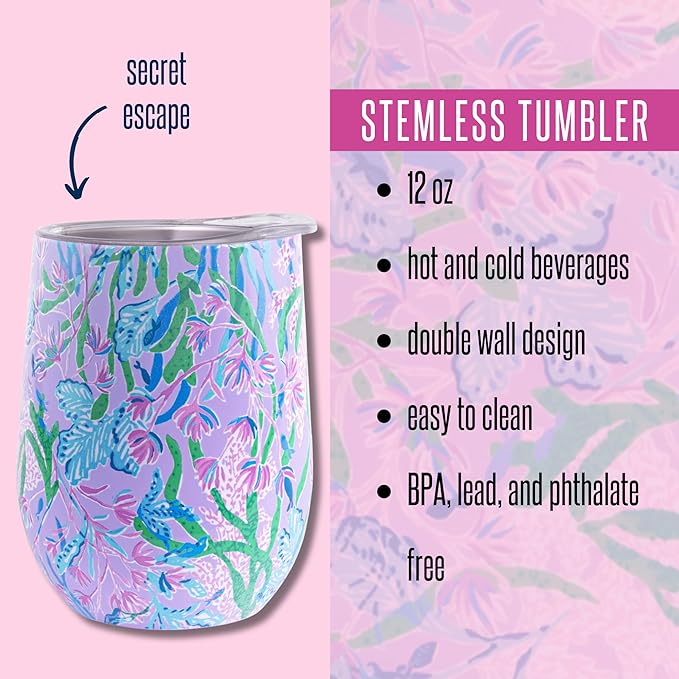 Lilly Pulitzer 12 Oz Insulated Tumbler with Lid, Yellow/Green Stainless Steel Travel Wine Glass, Double Wall Metal Cup (Secret Escape)