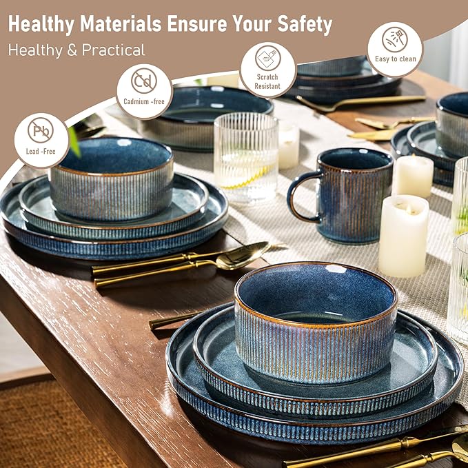 GBHOME Stoneware Dinnerware Sets for 4,Round Reactive Glaze Ceramic Plates and Bowls Set,Highly Scratch Resistant | Dishwasher & Microwave Safe Dishes Set,Service for 4(12Pcs),Ceylon Blue
