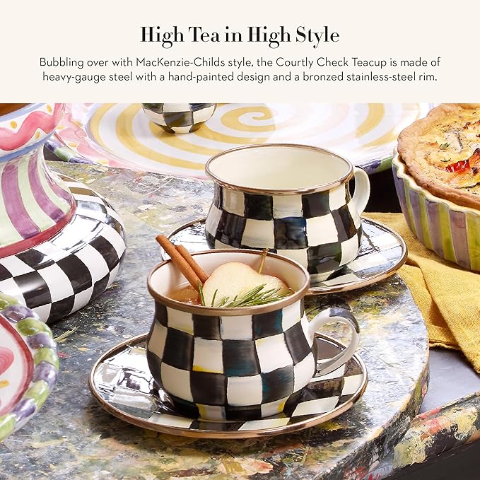 MACKENZIE-CHILDS Enamel Teacup, Unique Coffee and Tea Mug, Enamel Cup for Hot Tea, 10 Ounces, Black-and-White Courtly Check