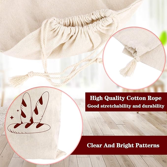 Augshy 4 Packs Linen Bread Bags for Homemade Bread, Unbleached, Reusable Bread Storage Bakery & Baguette