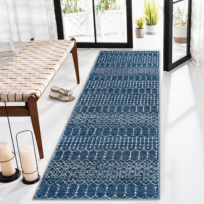 Lahome Moroccan 2x5 Washable Blue Runner Rug, Non-Slip Low-Pile Stain Resistant Kitchen Rugs, Geometric Soft Bathroom Runner Carpet for Entrance Bedroom Laundry (Blue,2'x5')