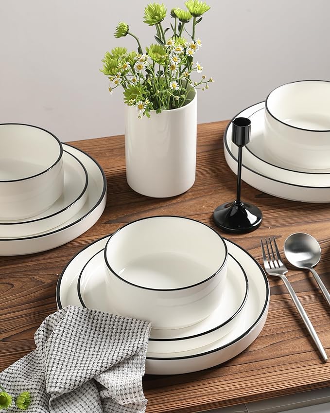 Sweejar Porcelain Dinnerware Sets for 4, 12 Pieces Ceramic Plates and Bowls Set, Classic Modern Simple Kitchen Dinner Dining Ware Set, Dishwasher and Microwave Safe Dishes Sets(Pure White-Black Rim)