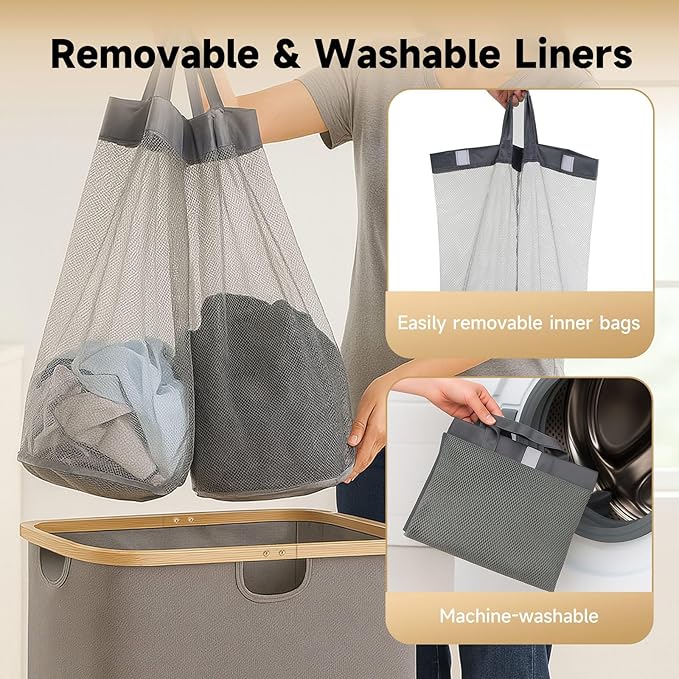 145L Double Laundry Basket with Lid, 2 Section Dirty Clothes Hamper with 2 Removable Bags for Bedroom, Bathroom, Dorm, Gray
