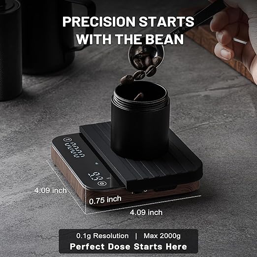 KitchenTour CaféMetric Coffee Scale with Timer 0.1g/2000g - Precision Scale for Espresso & Pour Over - Water Flow Speed Mode and Coffee Powder-to-Liquid Ratio Mode - Rechargeable, LED Display-Wood