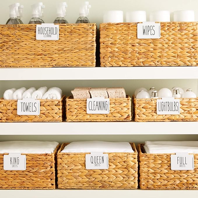 Talented Kitchen Storage Bin Label Holder Set - Easy-On Clip-On Tags for Storage Bins - 70 Preprinted Pantry Labels for Containers & Baskets - 8-Pack, 3.5" x 2.5", White