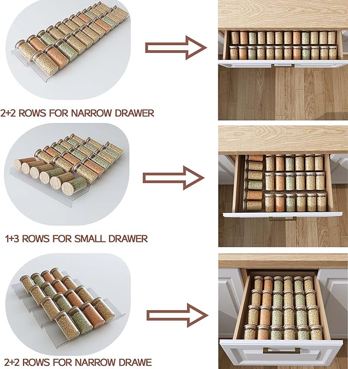 Spice Drawer Organizer,4 Tier- 4 Pack Acrylic Seasoning Jars Drawer Organizer Insert, Kitchen Spice Rack Organizers for Drawer/Countertop (Jars Not Included),Expandable From 13" to 26" Wide