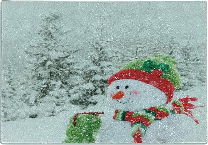 Ambesonne Christmas Cutting Board, Snowman in a Snowy Woodland Holiday Themed Arrangement Winter Season Print, Decorative Tempered Glass Cutting and Serving Board, Small Size, White and Red