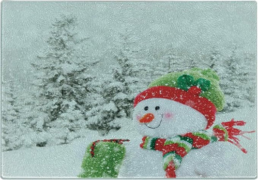 Ambesonne Christmas Cutting Board, Snowman in a Snowy Woodland Holiday Themed Arrangement Winter Season Print, Decorative Tempered Glass Cutting and Serving Board, Small Size, White and Red