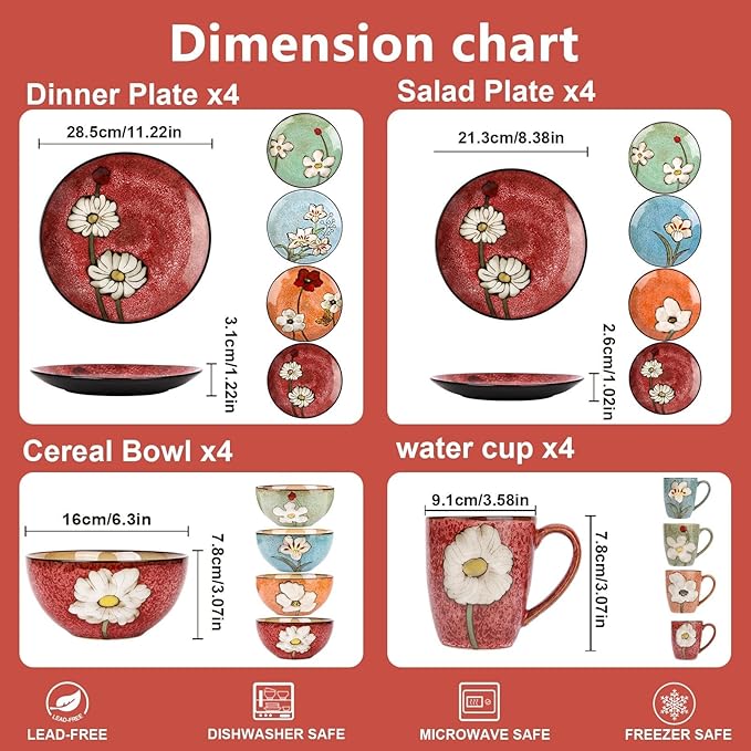Stoneware 16-Piece Modern Dinnerware Set,Kitchen Plates Bowls and Mug Sets Serves 4,Dishwasher and Microwave Safe,4 colors (Service for 4(16Pcs))