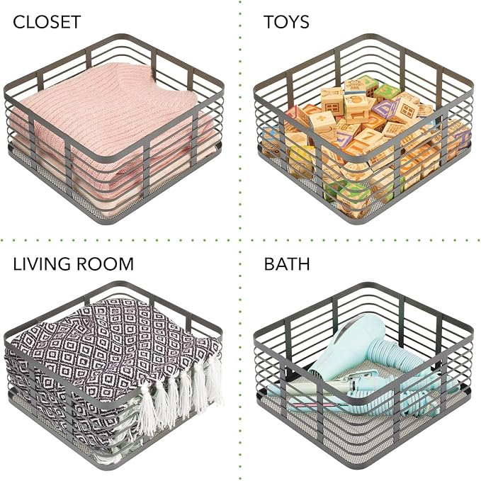 mDesign Steel Metal Wire Kitchen Food Storage Organizer Bin Basket for Pantry Organization - Wired Farmhouse Basket with Handle for Shelves - Carson Collection - 6 Pack, Dark Gray