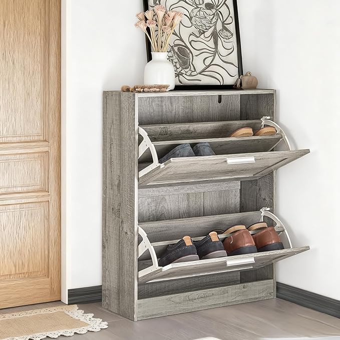 Shoe Cabinet for Entryway, 2-Tier Flip Drawer Shoe Storage Cabinet with Dividers, Shoe Organizer for Small Spaces, Narrow Shoe Rack, Slim Shoe Rack Freestanding, Grey, HUS-FSR137