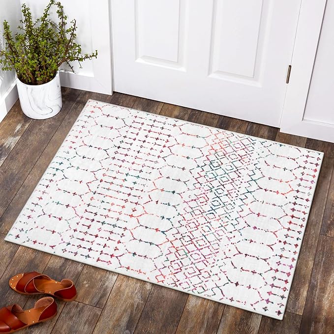 Lahome Moroccan Indoor Door Mats for Entryway - 2x3 Area Rug Non-Slip Backing Washable Rug for Kitchen Low-Profile Throw Soft Bath Rug, Colorful Print Distressed Front Door Rugs for Entrance Bedside
