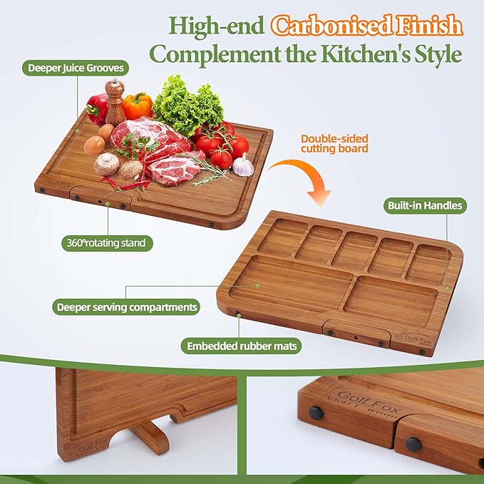 2-PCS Bamboo Cutting Board Set, Wood Cutting Board for Kitchen with Innovative Stand, Juice Groove & Handle, Double Sided for Chopping & Charcuterie Board, Kitchen Gift for Home Cooks, For Meat &Fruit